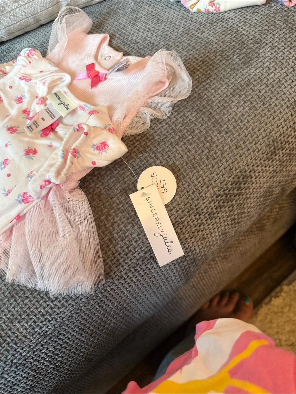Sincerly Jules Pink Floral & Light Pink Tulle Baby One-Piece Bodysuit Set